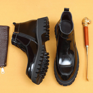 Botas de cuero genuino con suela gruesa y punta ancha para hombre, estilo Chelsea de caña alta, con cremallera lateral brillante, estilo ejecutivo, para otoño - Product Image 1