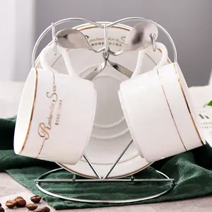 Керамические кофейные чашки блюдце с металлической подставкой золотой ободок фарфоровые чайные чашки и блюдце с вашим логотипом