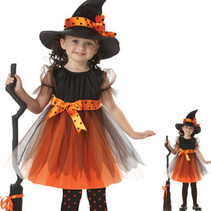 Disfraz de bruja para niños, vestido tutú naranja y negro con sombrero y escoba, traje de actuación para fiesta de Halloween - Product Image 1