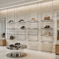 Étagères à sacs en métal modernes personnalisées de haute qualité, présentoirs pour sacs, vitrine de boutique, étagère à chaussures en acier inoxydable avec éclairage LED