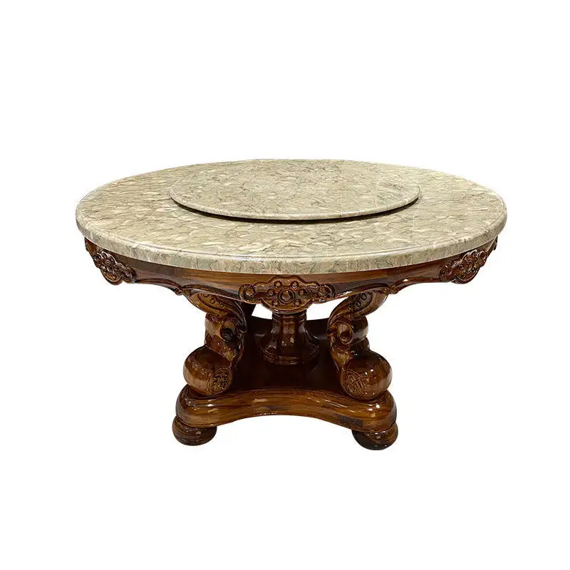 Обеденный стол и стул в европейском стиле, комбинированный обеденный стол из массива дерева, круглый мраморный стол с вращающимся центром в стиле барокко