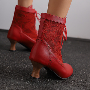 2026New Vintage Women Shoes <b>Brown</b> Leather Jacquard Spliced Ankle <b>Boots</b> With Front <b>Lace</b> Up And Kitten Heel Walks And Gatherings - Product Image 2