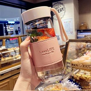 Lesslife Glass <b>Water</b> <b>Bottle</b> With Leather Sleeve Portable Tea Infuser Travel Cup For Flower Tea Brewing - Product Image 1