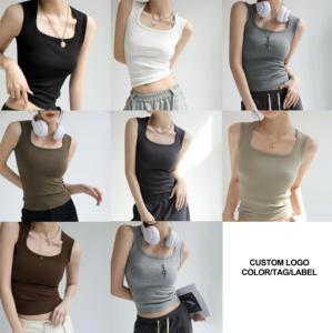 Camiseta sin mangas transpirable con cuello en U para mujer, top corto de verano, ajustado, de punto acanalado, de algodón liso - Product Image 2