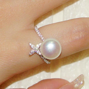 Q347 <b>Pearl</b> <b>Ring</b> Silver With Diamond Side Stones Round Brilliant Cut Natural G Color For Women Wedding Jewelry - Product Image 3