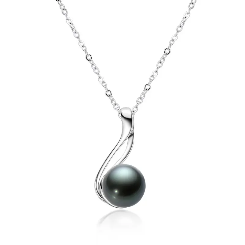 Luxury Rhodium 925 Sterling Silver Jewelry 10ミリメートルRound Tahitian Black Pearl Necklace
