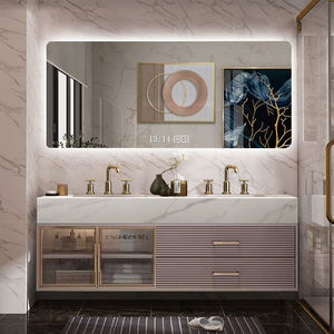 Modern minimalist bathroom vanity <b>with</b> integrated basin, double basin, handwashing basin, and smart mirror cabinet. - Product Image 1