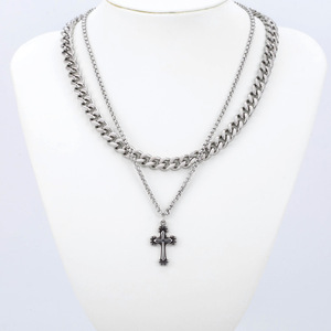 Yunnique-collar con cruz de cadena de doble capa de acero inoxidable, colgante geométrico de estilo Punk Unisex, joyería de moda - Product Image 1