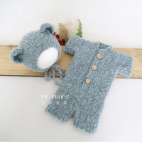 Accessoires de photographie pour nouveau-nés : Ensemble bonnet et barboteuse en coton tricoté pour bébé, motif animal, tenue ours en peluche au crochet