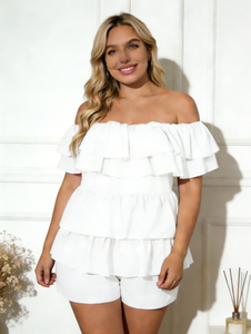 Combinaison courte décontractée d'été pour femme, grande taille, blanche unie, à épaules dénudées, à volants étagés, en tricot à séchage rapide, coupe régulière - Product Image 6