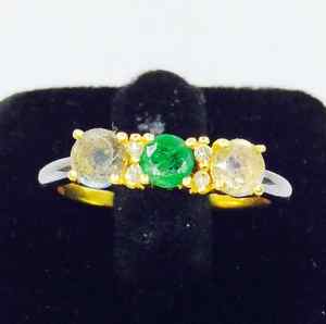 Anillo fino de Plata de Ley 925 Eternity Vermeil, Alianza de boda clásica, piedra preciosa multicolor Esmeralda ajustable para ocasiones de fiesta - Product Image 1