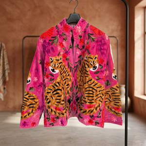 Blouson safari en velours rose à col mandarin, broderie Suzani, manches longues, imprimé animal, vêtements d'extérieur pour femmes en coton, automne - Product Image 3