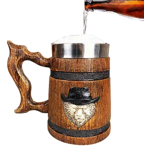 3D仿真粗木优质旧复古不锈钢复古中世纪风格木桶饮料塑料啤酒杯