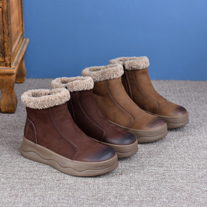 Bottes plateforme rétro en cuir de vachette pour femme, automne-hiver 2023, bout rond, couleur unie, mi-mollet, doublure en velours doux, polyvalentes - Product Image 4