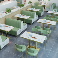 Canapé de restaurant moderne de luxe léger en PU vert personnalisé avec pieds dorés et chaises, table à manger en mélamine pour café fast-food, 2/4 places