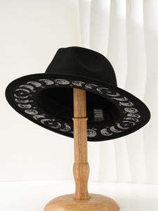 Sombrero Fedora Negro <span class=keywords><strong>de</strong></span> Ala Ancha con Adorno <span class=keywords><strong>de</strong></span> Fase Lunar y Símbolo del Zodiaco, Novedad 2026 - Product Image 1