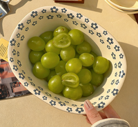 Ensemble de bols en céramique bleus à fleurs de style américain rétro pour salade/yaourt/soupe, design ovale type baignoire, idéal pour le camping