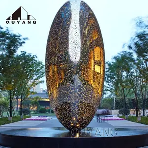 QUYANG 대형 장식 현대 미술 야외 금속 타원형 계란 램프 스테인레스 스틸 조명 조각