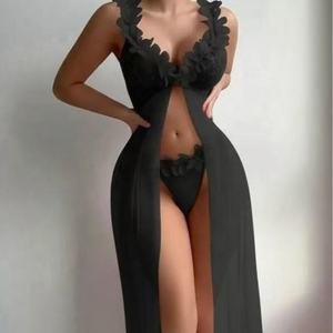 ثوب نوم الأميرة الحلو الوردي شبكة صيد السمك رداء دانتيل زهري شفاف من خلال فتحة رقبة حرف V مفتوح من الأمام قميص طويل من قطعة واحدة - Product Image 3