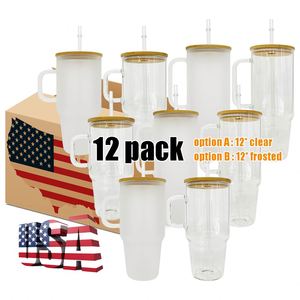 12 packs de tasses en verre transparent givré de 40 oz, vierges pour sublimation, avec couvercles en bambou, enveloppes UV DTF pour impression par transfert thermique - Product Image 1