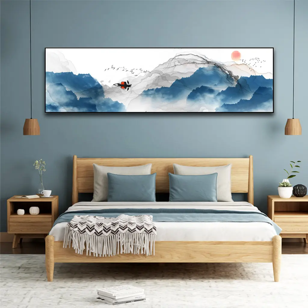 Настенный постер в китайском стиле, Настенная картина с изображением гор, лодки, озера, пейзажа, минималистичное украшение, Современный домашний декор