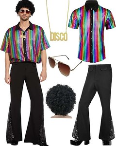 Costume de chanteur de disco pour adultes, style années 70, hippie superstar, chemise brillante, pantalon pattes d'éléphant, YTHC-030 - Product Image 4