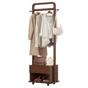 Nordic Style Solid Wood Coat Rack With Storage <b>Drawer</b> And Shoe Shelf For Living Room Or Bedroom Movable Clothes Organizer - Product Image 4