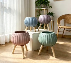 Modern Resin Flower Pots with Wood Legs Glazed Minimalist Indoor Planters for Green Plants Set of 4 - Product Image 3