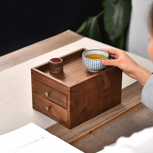 Black <b>Walnut</b> Wood Tea Box Double Layer Drawer Storage <b>Cabinet</b> For Tea Cake Jewelry Household Use Rectangular Standing Type - Product Image 5