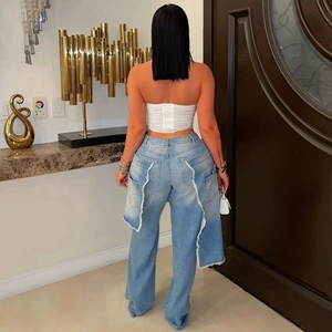 <span class=keywords><strong>Bonne</strong></span> <span class=keywords><strong>qualité</strong></span> Hip Hop déchiré <span class=keywords><strong>jean</strong></span> Stretch coupe droite bleu <span class=keywords><strong>Jean</strong></span> Sexy femmes taille haute élégant Patchwork Denim pantalon droit - Product Image 4