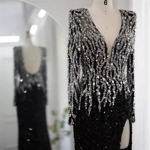 Lusso <span class=keywords><strong>nero</strong></span> sirena Dubai abiti da sera eleganti con scollo a V maniche lunghe abiti da festa formali da donna - Product Image 4