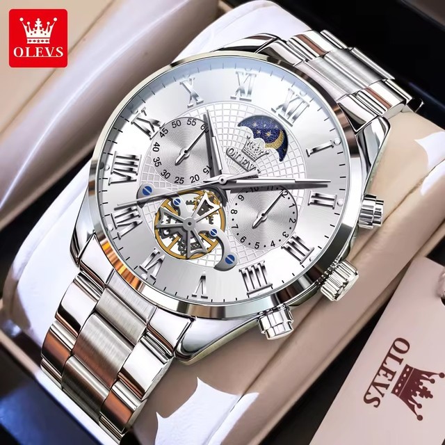 OLEVS 3640 Moon Phase Design Men's Watches Sports Quartz Movement Wrist Man Waterproof Stainless Steel Luminous Reloj Male Watch