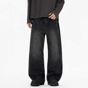 <span class=keywords><strong>Jeans</strong></span> Larghi da Uomo in Cotone Lavato con Strass Neri e <span class=keywords><strong>Grigi</strong></span>, Stile Americano Trendy High Street, Nuovi e Comodi - Product Image 2