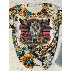 Dream.G Women Short Sleeve Western Monogram Sunflower Leopard Cow T Shirt