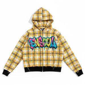 Erkek Ekose Fermuarlı Kapüşonlu Sweatshirt Graffiti Baskılı Eskitme Asit Yıkama Boya Sıçraması Sokak Modası Kapüşonlu Sweatshirt Özel Sokak Modası - Product Image 1
