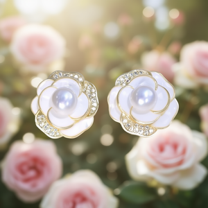 Orecchini a lobo con fiore dorato e perla sintetica incastonata a castone per gioielli da sposa da donna - Product Image 2