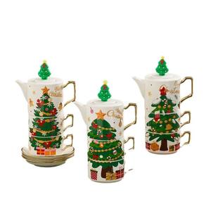 Théière en céramique de Noël, ensemble cadeau de Noël très vendu, service à thé plaqué or, deux tasses, compatible lave-vaisselle et micro-ondes, réutilisable - Product Image 1