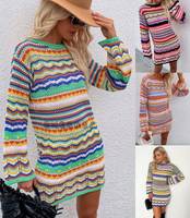 M0578 Rajutan Wanita Kerah Bulat Motif Garis Pelangi Model Panjang Sedang Sweater Wanita Lengan Panjang Gaun Rajutan