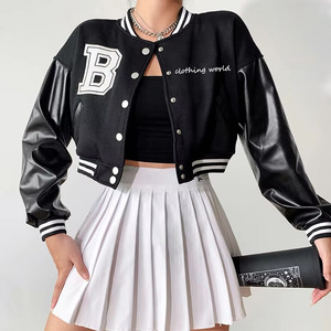 Women's Cropped Varsity <b>Jacket</b> Wool Blend Bomber <b>Jacket</b> Button Front Embroidered Letter <b>Patchwork</b> Winter Outerwear - Product Image 6