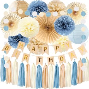 Decorazioni per <span class=keywords><strong>Compleanno</strong></span> Blu Polvere, Beige e Champagne, Stile Boho Neutro, Striscione 'Happy Birthday', Pompon, Lanterne, Ventagli, Ghirlande con Nappe per Matrimoni e Compleanni - Product Image 1