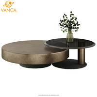 Harga kompetitif Modern ruang tamu bulat meja kopi Set 2 dalam 1 logam perunggu dengan kaca meja tengah penjualan laris