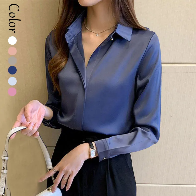 Custom Brand Women White Silk Shirt Tops Lady Long Sleeve Office Silk Ladies satin blouse Business