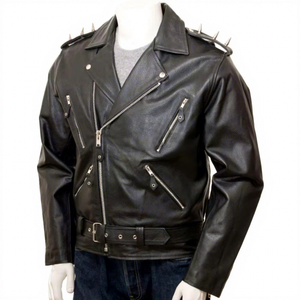 Chaqueta de cuero genuino negra para hombre con tachuelas y remaches, estilo motero, cremallera cruzada asimétrica, cinturón, abrigo de piel de vaca, estilo punk rock personalizado - Product Image 1