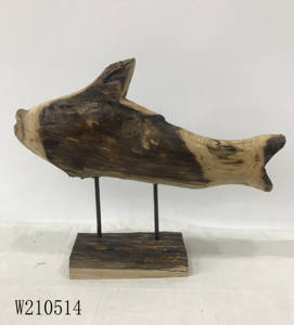 تمثال حيواني خشبي مصنوع في المصنع، تمثال سمكة مع حامل للديكور المنزلي والفندقي من الخشب المنجرف - Product Image 1