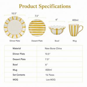 OEM ODM Nouvelle vaisselle en porcelaine fine 16 pièces, motif rayures soleil, peinte à la main, <span class=keywords><strong>assiettes</strong></span> en porcelaine à imprimé rayons de soleil jaunes, portables et réutilisables - Product Image 4