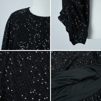 Sweat-shirt court noir à sequins pour femme, manches chauve-souris longues, col rond, ourlet froncé élastique, style streetwear automne, doublé, sexy, pour club