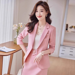 Women's Pink Two Piece Suit Set Midi Skirt Elegant Work Commuting Anti Wrinkle Worsted Fabric - Product Image 4