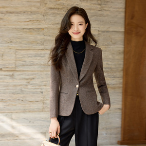 Brown Blazer For Women Solid Color Polyester Worsted Anti-Wrinkle Professional Formal Korean Style Short Slim Fit Autumn <b>Winter</b> - Product Image 2