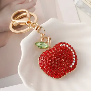 Trendy Gold Metal Apple Pendant Key Ring Shiny Rhinestone Crystal Fruit Apple Keychain For Girl