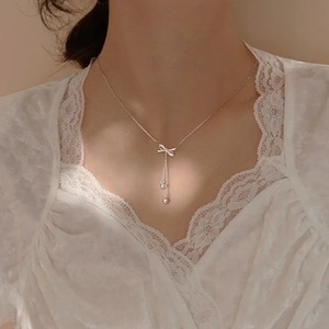 Bowknot Tassel Necklace Zinc Alloy Sparkling Diamond Chain Elegant Collarbone For Women Gift - Product Image 2
